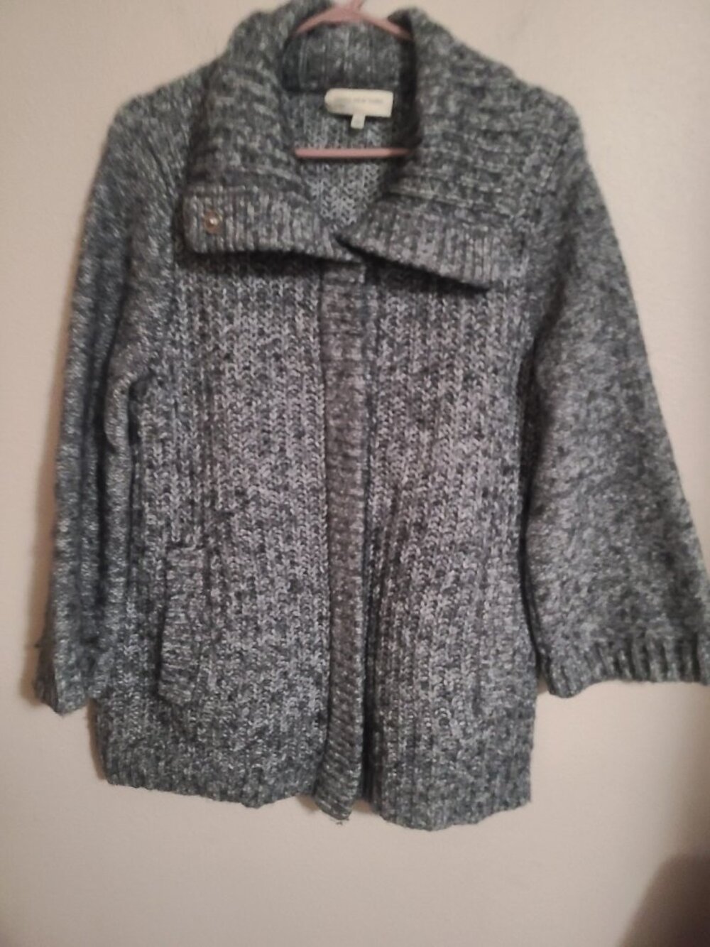 Jones New York - Women's L - Marled 29% Wool Funnel-Neck Cardigan Snap Closure